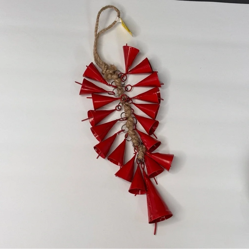 Anthropologie Terrain Red Bell Charm Christmas Twisted Jute Rope To Hang 12” NEW